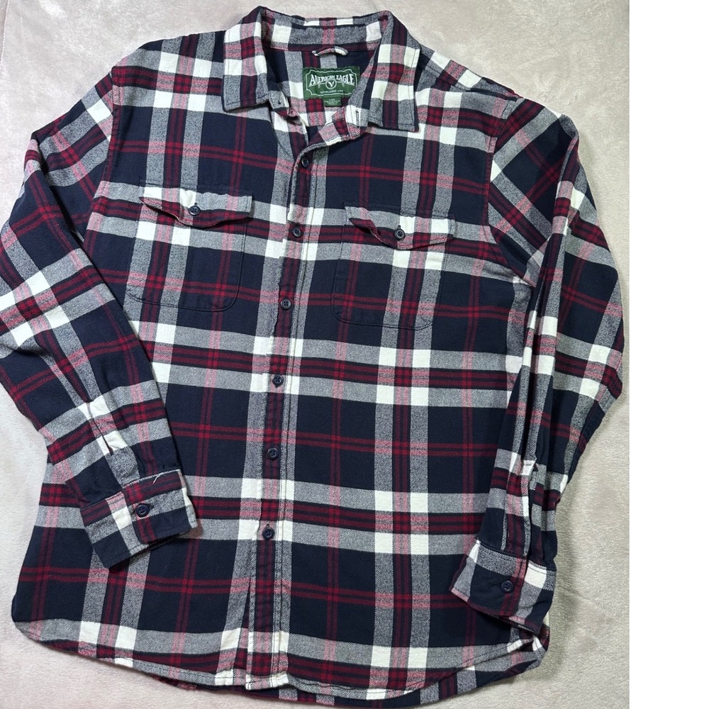 American Eagle Mens Large Flannel Shirt Navy Blue Red Plaid Long Sleeve Cotton